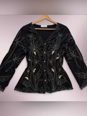 90s Black White Floral Embellished Beaded Statement Cardigan XL - Once Again